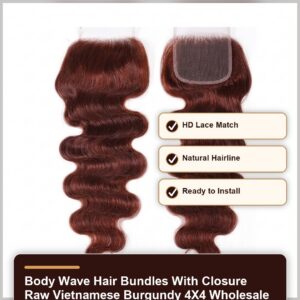 Body wave hair bundles with closure raw Vietnamese burgundy 4×4 wholesale benefit banner