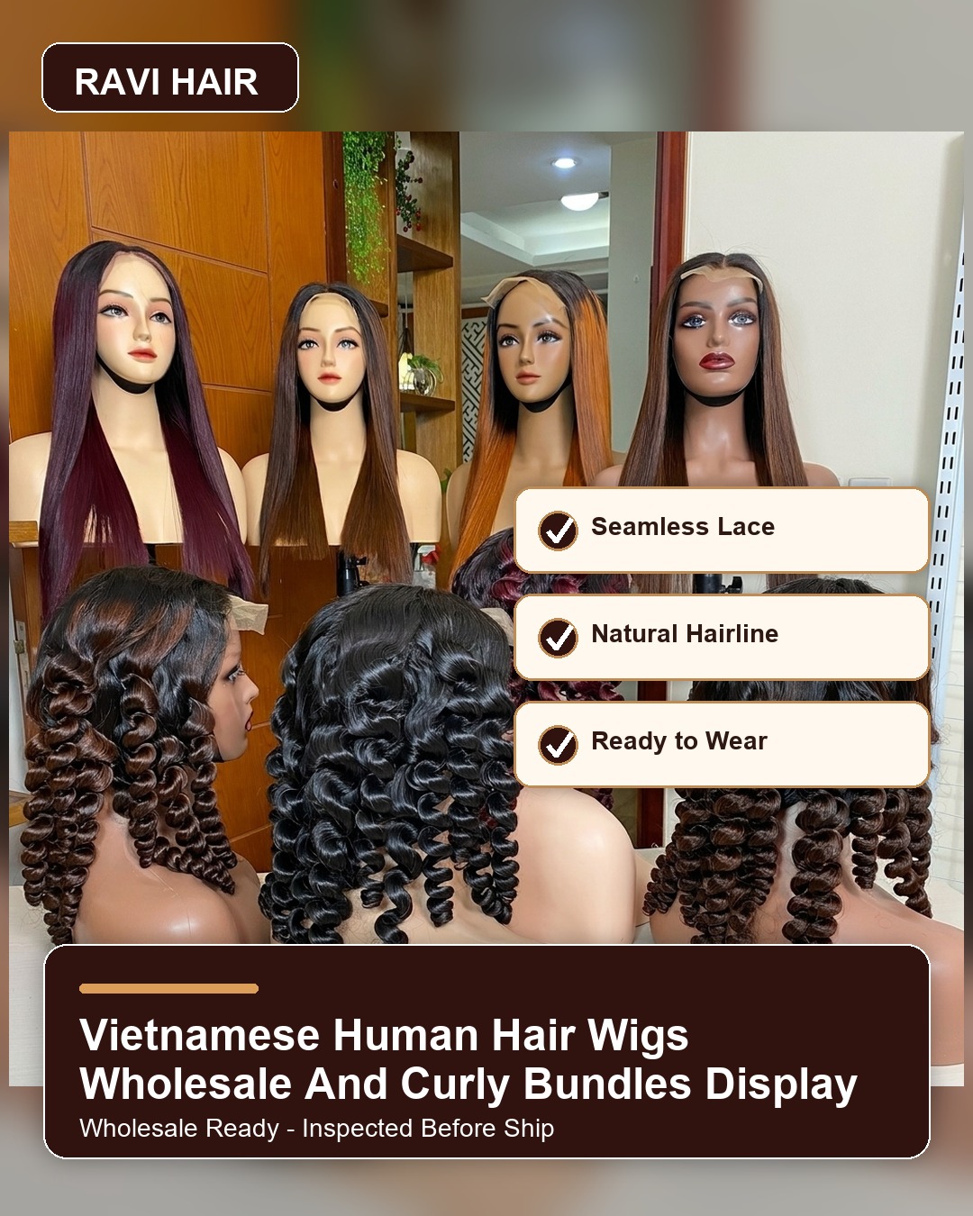 Vietnamese human hair wigs wholesale and curly bundles display benefit banner