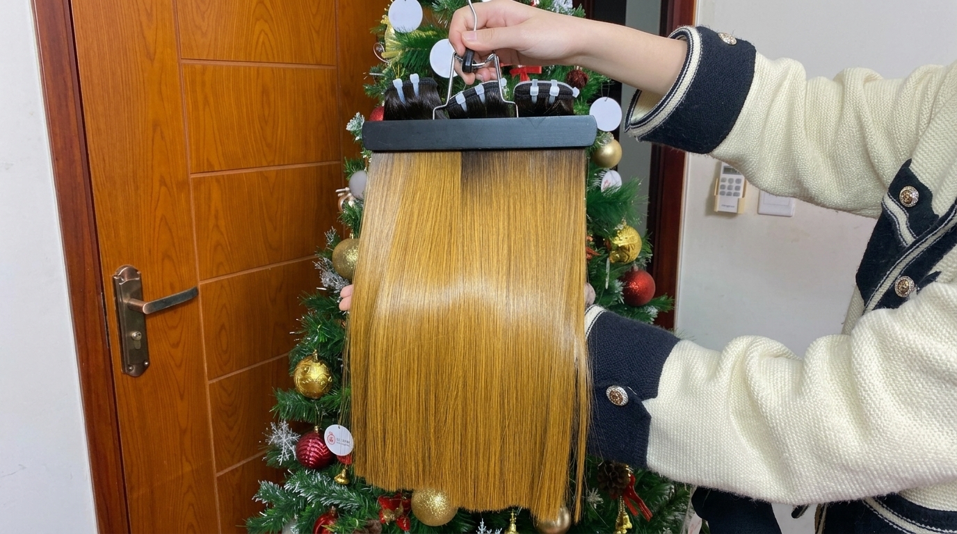 Blonde raw Vietnamese straight hair bundle used as a color reference