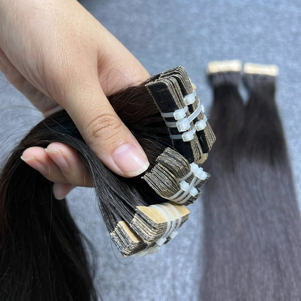 Natural-color raw Vietnamese tape-in human hair extensions