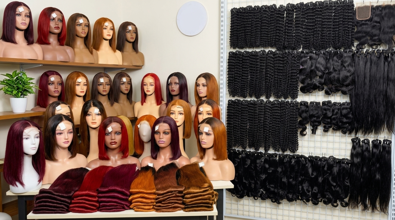 Vietnamese human hair wigs wholesale and bundles display