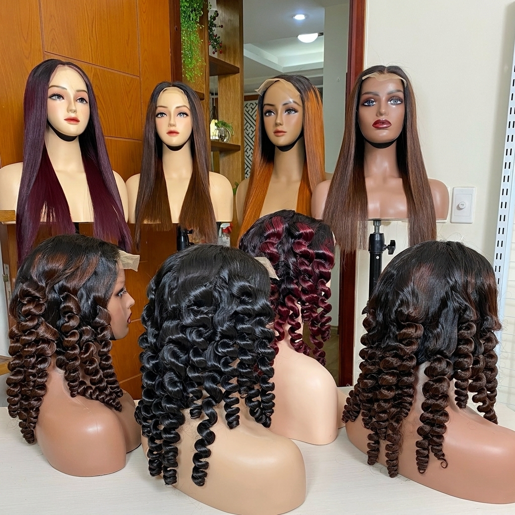 Vietnamese human hair wigs wholesale and curly bundles display