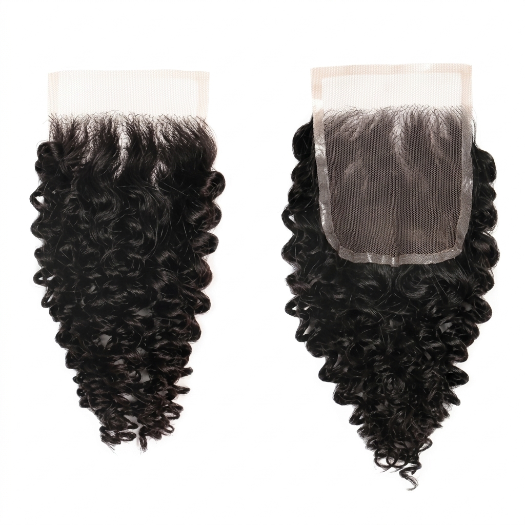 Curly Vietnamese 4x4 lace closure shown from the hair and lace sides
