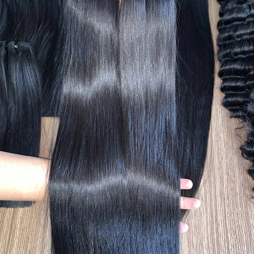 Natural-black Vietnamese bone-straight weft held for close inspection