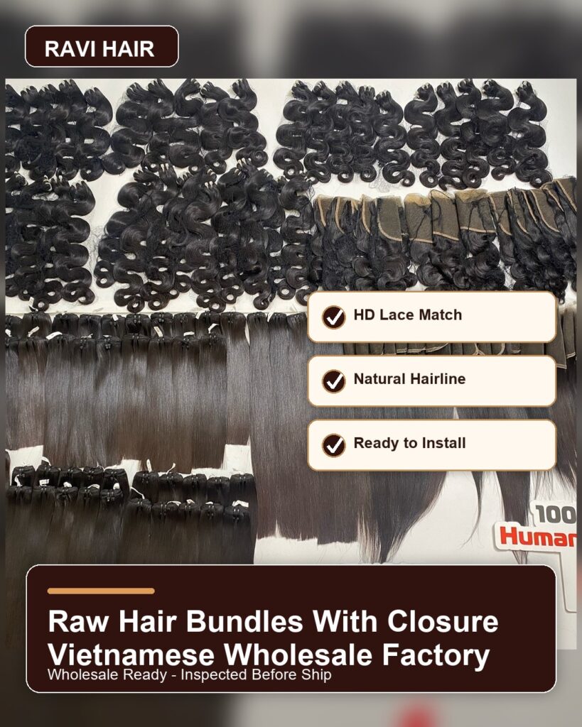 Vietnamese hair bundles displayed with matching lace closures