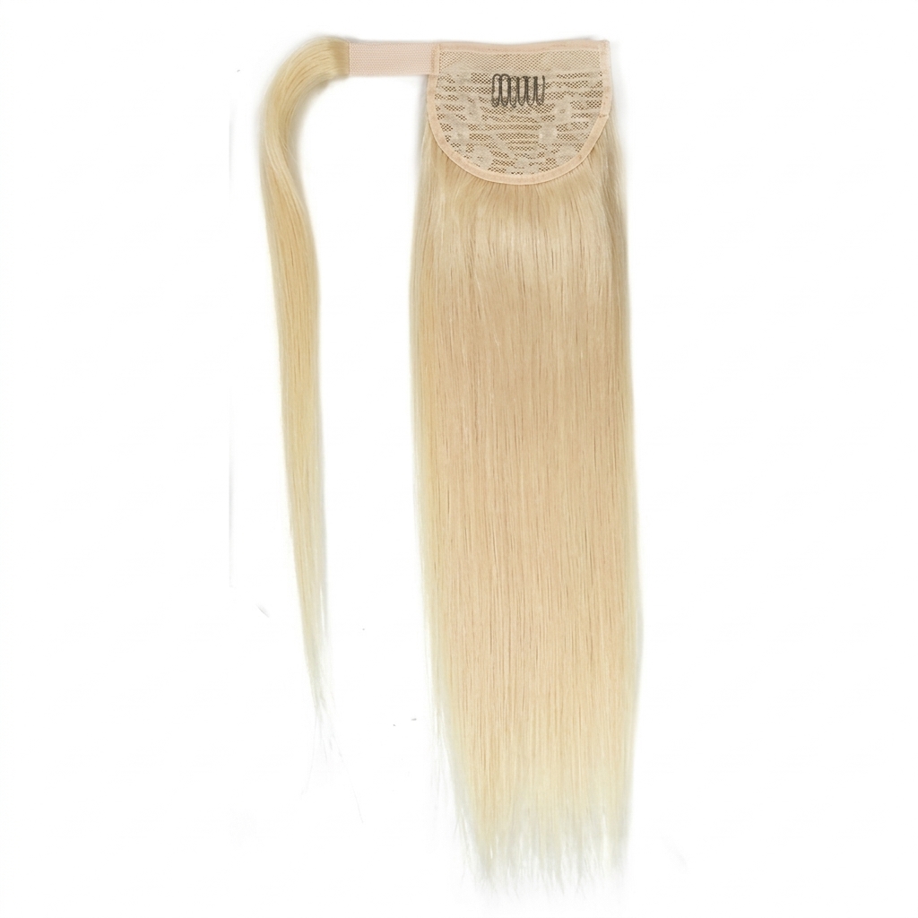 Lightest blonde straight ponytail extension showing wrap-around base and attachment comb