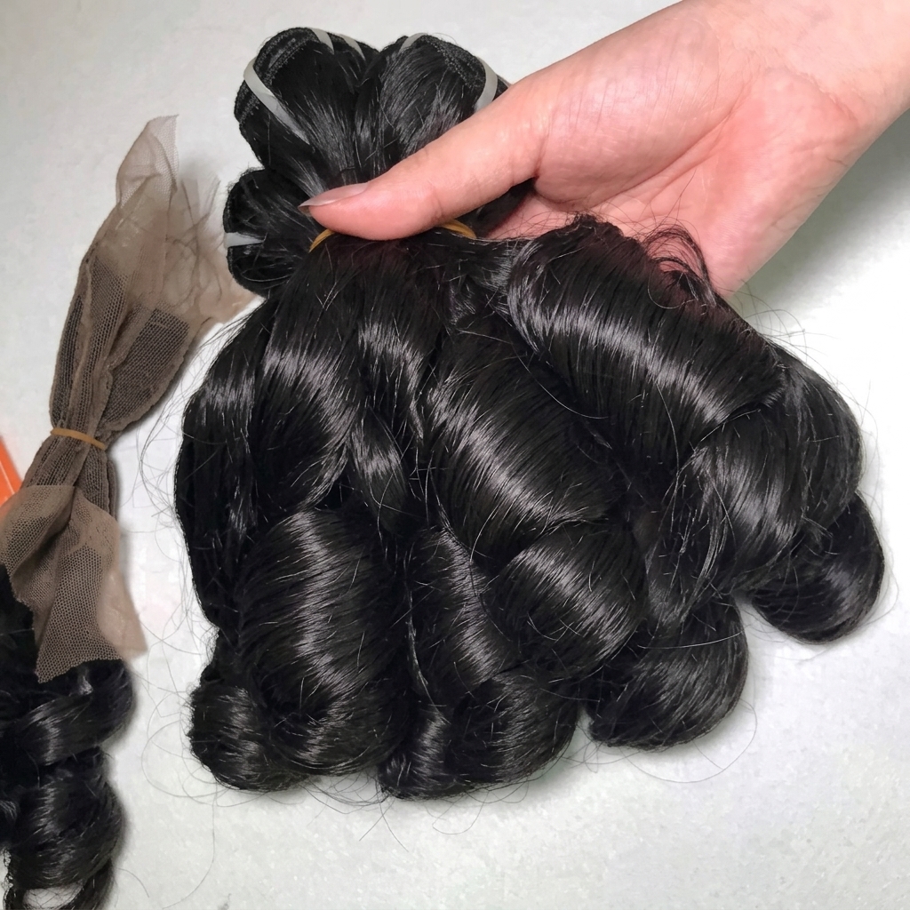 Natural-black Vietnamese bouncy-curly hair wefts